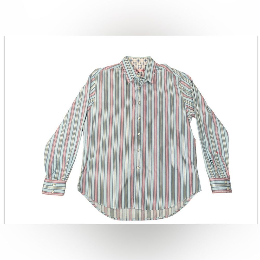 Robert Graham Shirt Men's Large Blue Red Striped Textured Button Up Long Sleeves